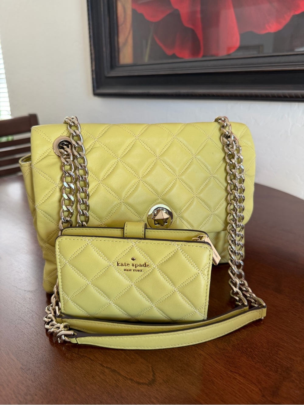 Kate Spade Natalia Quilted Leather Shoulder Bag with Wallet Set - Frosty Lime
